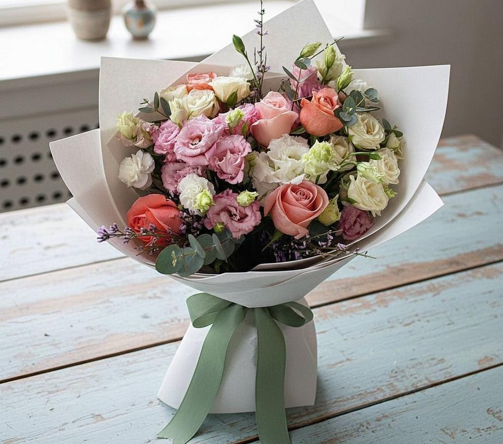 Букет цветов из: Розы, Лизиантусы и Гвоздики в Сергокале