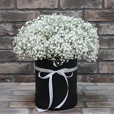 Цветочная композиция из Гипсофила в шляпной коробке в Сергокале
