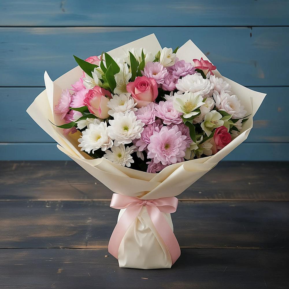 Букет цветов из: Хризантемы, Альстромерии и Розы в Сергокале